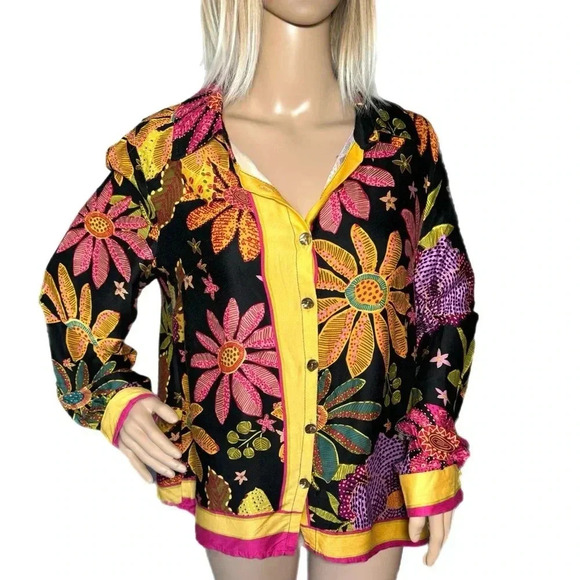 Cynthia Rowley Designer Floral Boho Button Up Blouse Long Sleeve Women’s Large - Picture 4 of 16